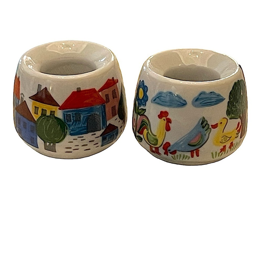 Vintage Funny Design West Germany Ceramic Candle Holders Folk Art Country Life
